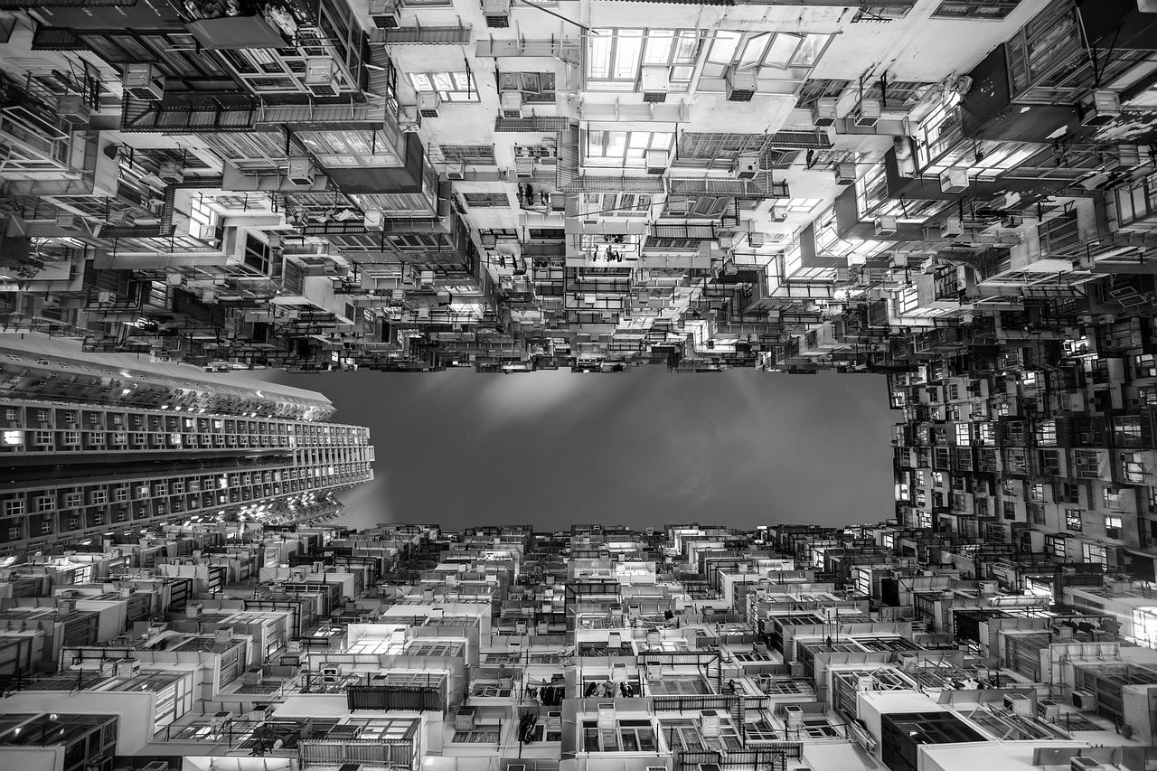 hong kong, city, urban, perspective, upward, black and white, architecture, apartments, residence, sky, clouds, gray sky, nature, gray city, gray clouds