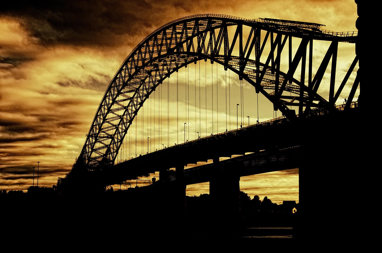 bridge, silhouette, nature, sunset, dusk, structure, architecture, road bridge, arch bridge, suspension bridge, silver jubilee bridge, river mersey, manchester ship canal, england, united kingdom