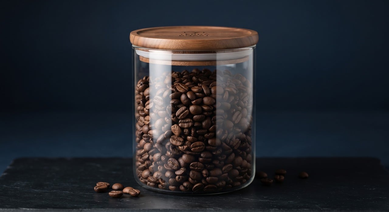 coffee, glass, jar, lid, wood, dark, brown, storage, ingredient, aroma, fresh, kitchen, scent, natural, organic, premium, food, strength, morning, living
